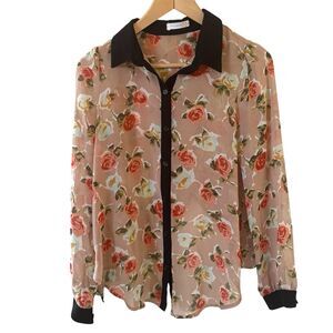 Dark Coquettte Womens Sheer Top Size XS Floral Pink Black Button Up Roses Fairy